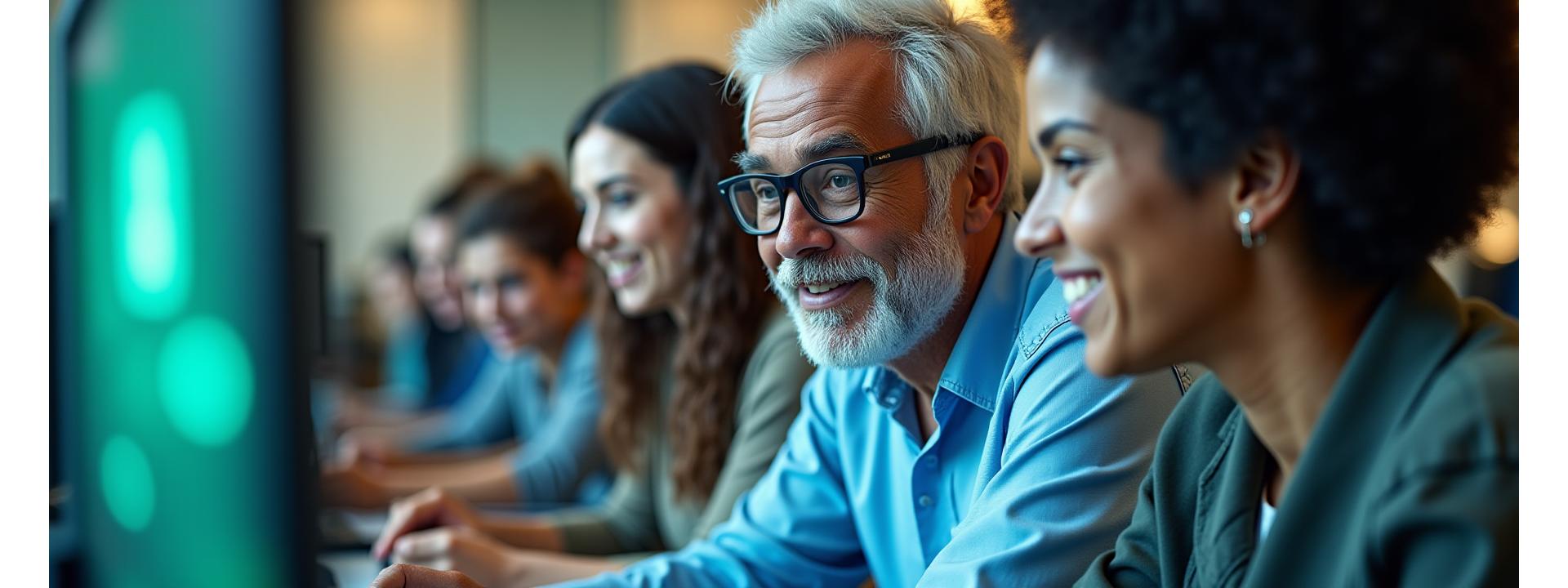 Diverse group of adults learning tech skills together, smiling and engaged