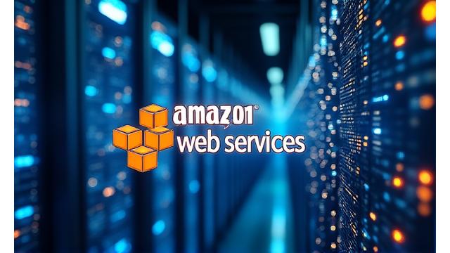Amazon Web Services logo with abstract cloud network background.