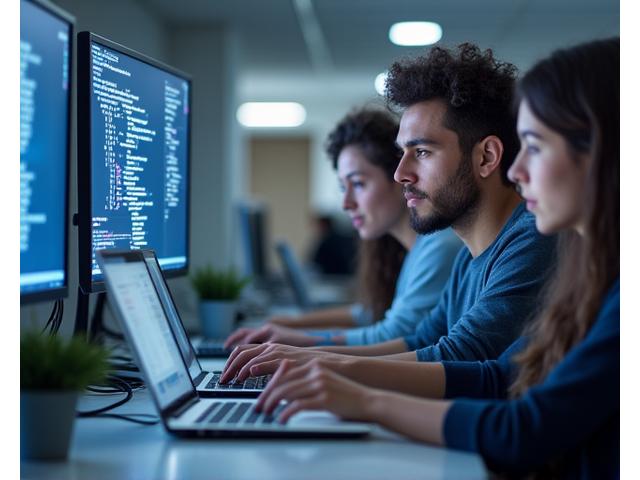 Two students collaboratively working on laptops with complex code and server diagrams on their screens in a modern tech lab setting.