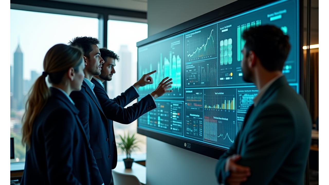 A diverse group of professionals collaborating intently around a large monitor displaying complex data visualisations and machine learning model results, with Australian city skyline in the background.