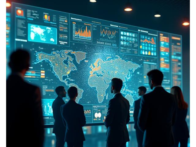Futuristic dashboard with interactive charts, AI neural network visualizations, and glowing data points, representing complex data science and artificial intelligence applications in a professional setting.