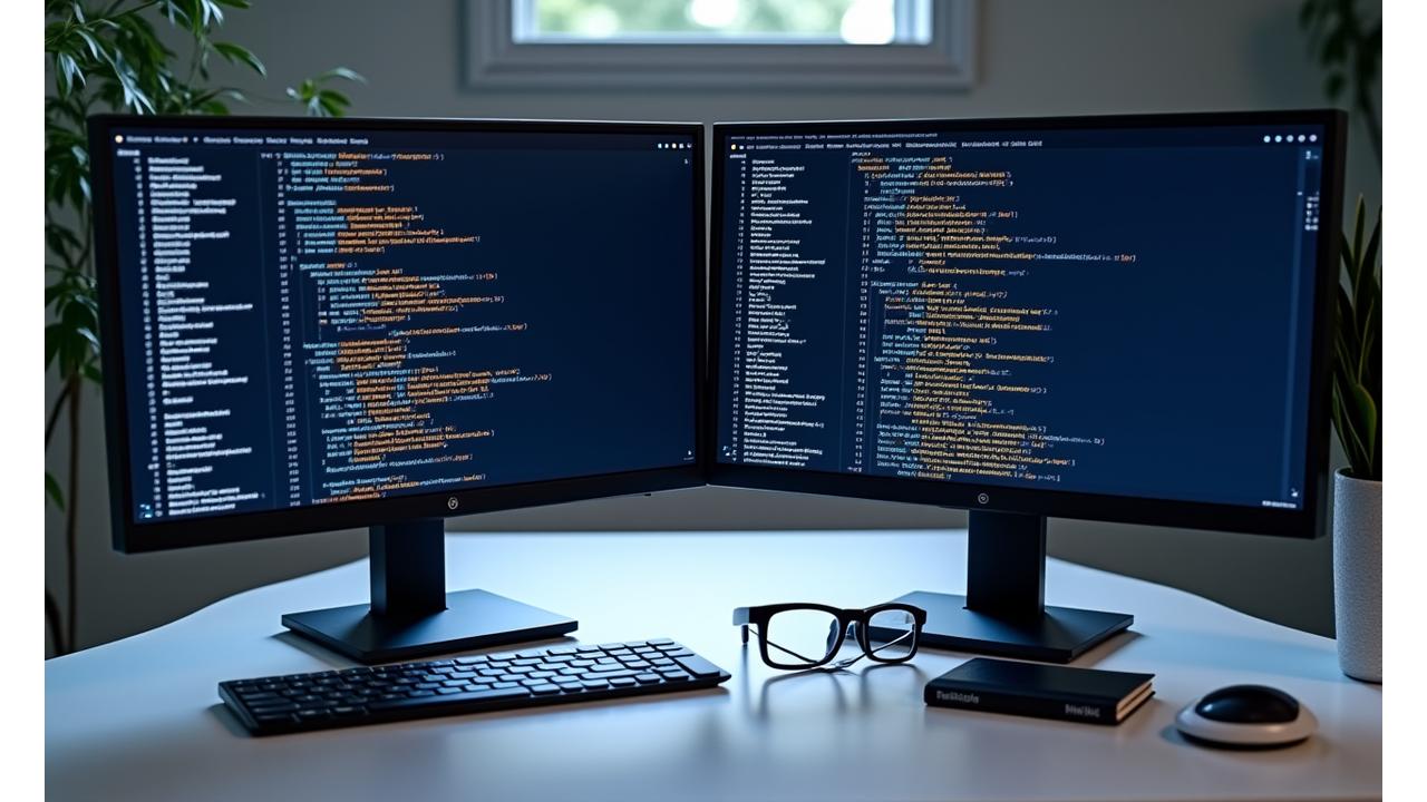 Code snippets of Python and R side-by-side on two glowing monitor screens, demonstrating different data operations with vibrant syntax highlighting.