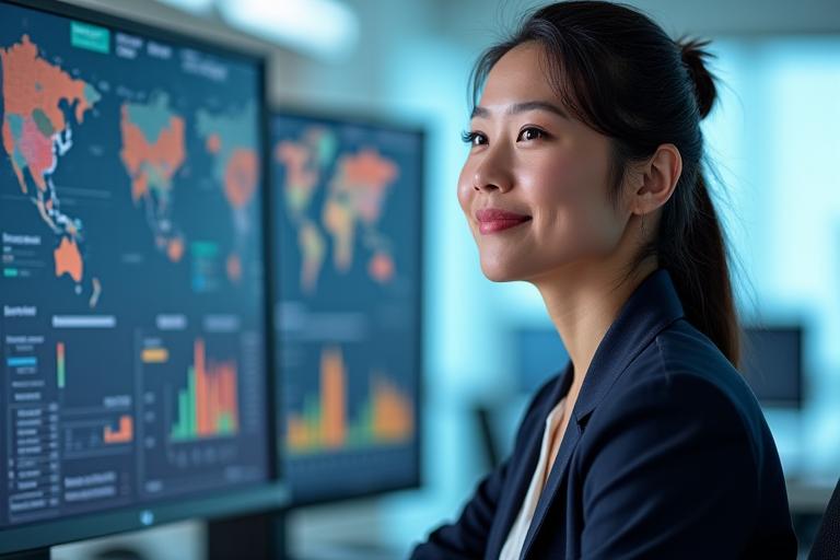 Emily Chen, a data analyst, looking confidently at a computer screen in a modern office