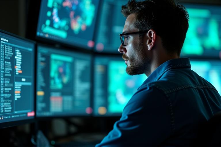 Mark Jones, a cybersecurity specialist, focused intently on multiple screens in a secure data environment.
