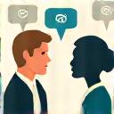 Illustration of two diverse professionals collaborating and communicating effectively with speech bubbles.