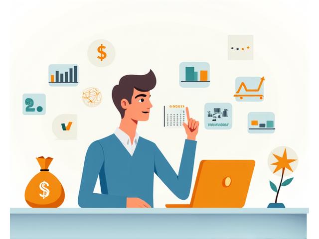 Illustration of a person reviewing financial charts and a laptop with a calendar, representing careful financial planning.