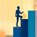 Illustration of a person climbing a staircase towards a goal banner, representing a goal-oriented mindset.