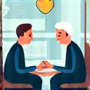 Illustration of a mentor and mentee having a focused discussion, with blurred tech background.
