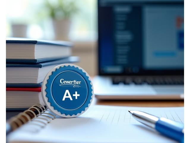 A close-up of a CompTIA A+ certification badge proudly displayed next to study materials and a laptop, signifying achievement and professional recognition.