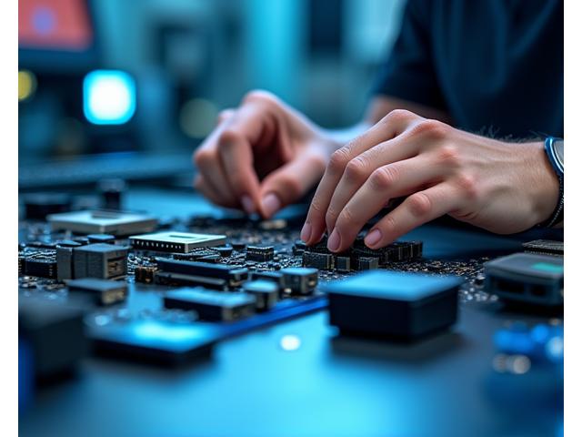 Close-up of hands working on a disassembled computer tower with various components laid out, symbolizing hardware troubleshooting.