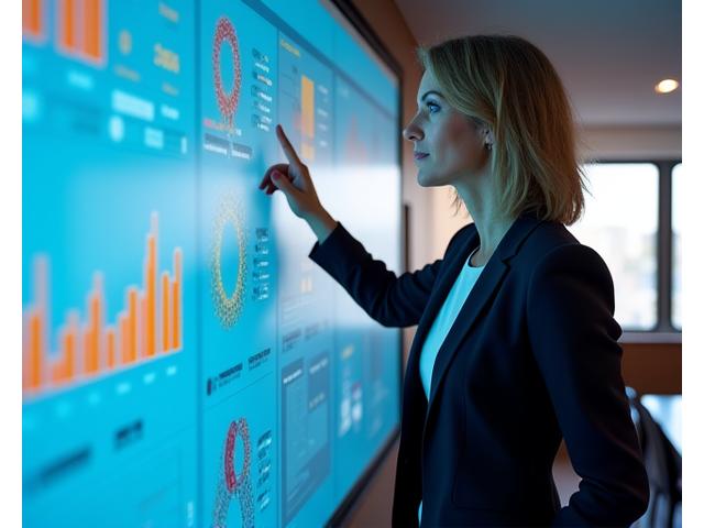 Lisa, 51, presenting data visualisations in a modern office.