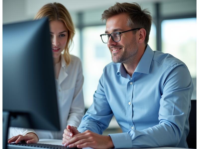 David, 42, providing IT support with a friendly smile, assisting a colleague.