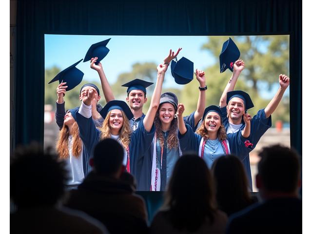 Happy graduates celebrating during a virtual graduation ceremony, caps in the air.